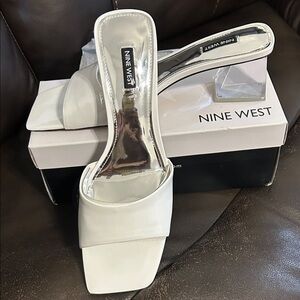 Nine West White Open-Toe Slide Mules with Clear Block Heel